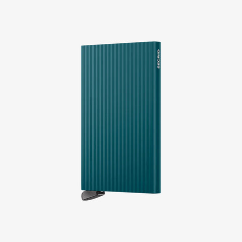 SECRID Cardprotector Fluted-Teal with sleek grooved finish and card-release lever, showcasing a slim, modern, and durable design