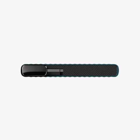 Bottom view of SECRID Cardprotector Fluted-Teal, showing textured grip and lever mechanism in a slim, durable metal design