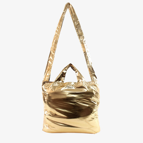 SYZY Tetra Tote Bag in glossy gold colour with both shoulder and hand strap available 