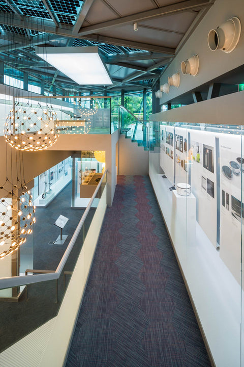 Museum exhibit interior with high ceiling 