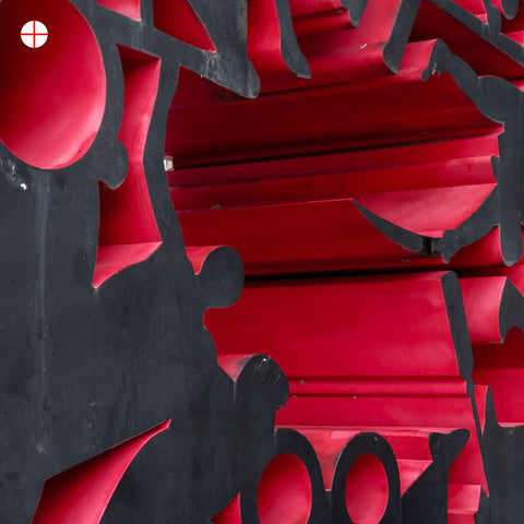 Close-up of red and black Olympic theme structure along Marina bay