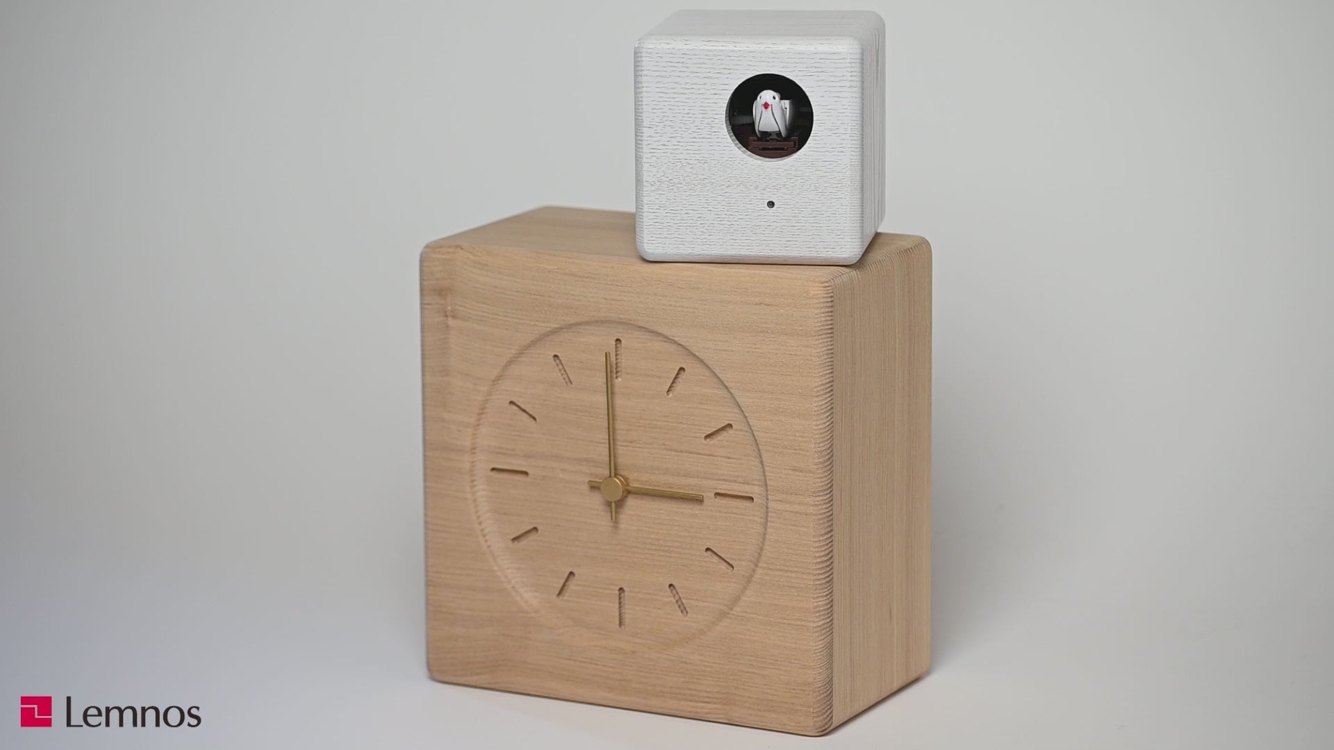 video of the Lemnos Cubist Cuckoo clock that shows the cuckoo appearing in and out of its housing, chiming